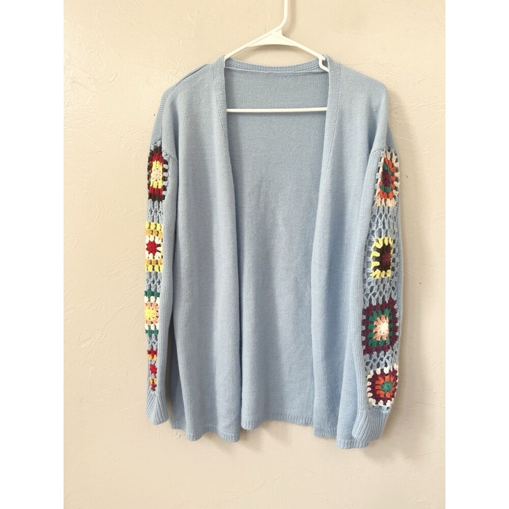 Shein Boho Chic Blue Knit Cardigan with Floral Crochet Bell Sleeves Size Medium